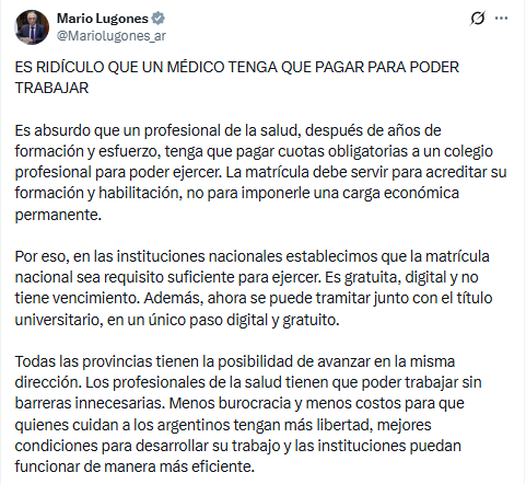 Mario Lugones apuntó contra los colegios profesionales y los médicos bonaerenses defendieron el rol.